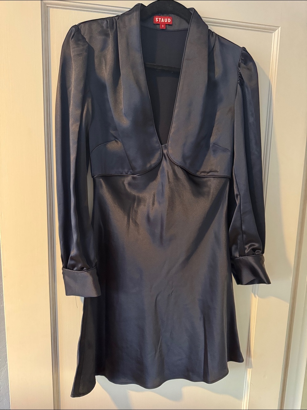 STAUD Navy Satin V-Neck Long-Sleeve Mini Dress - Picture 4 of 10